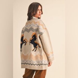 Black beige horse western boho Aztec equestrian cardigan shawl sweater jacket